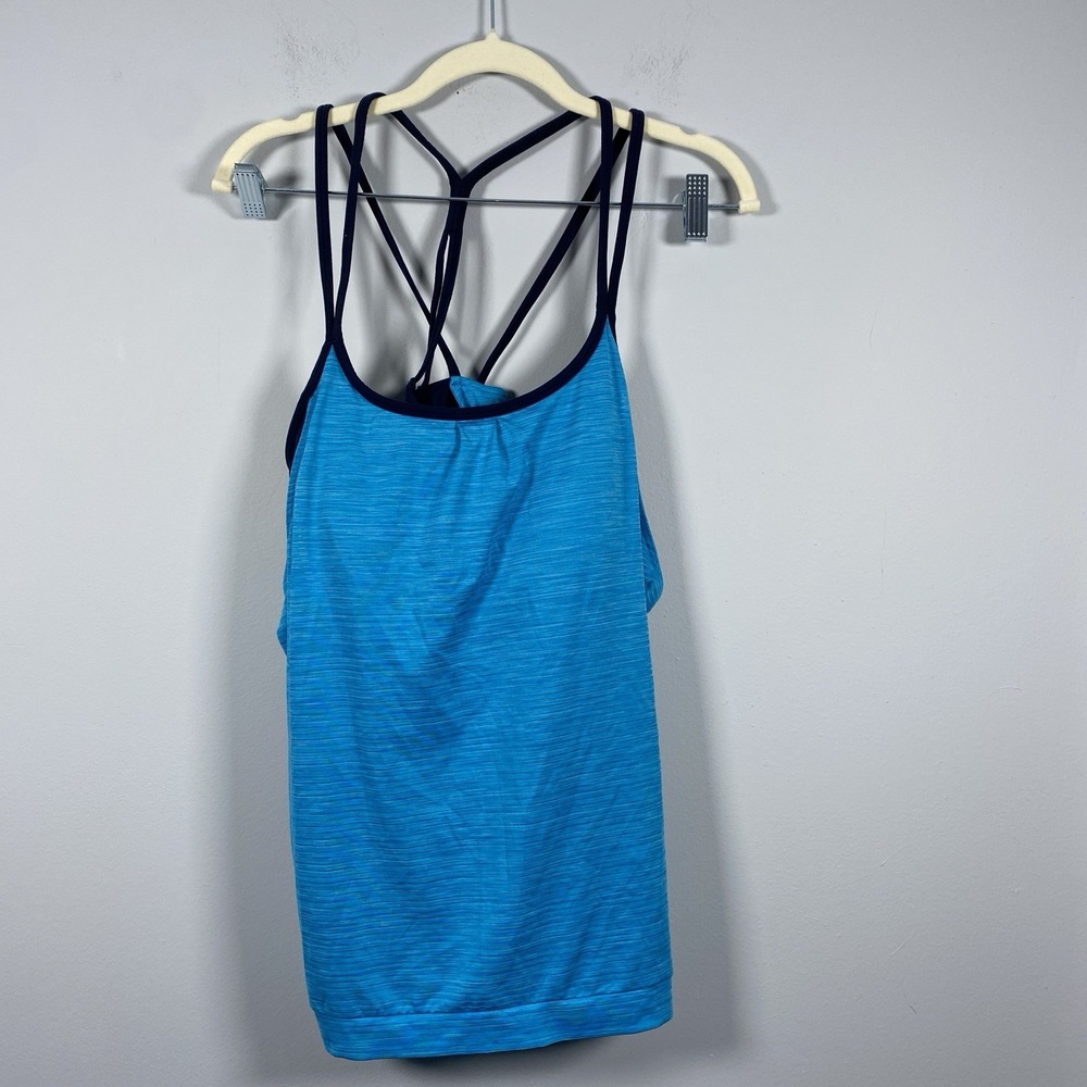 Athleta Shadow Stripe Energize Tank Top Flash Blue Navy Womens Sz L Gym Athletic